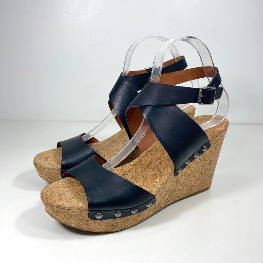 Lucky Brand Missy Black Leather Strappy Studded Cork Platform Wedge Sandals 10